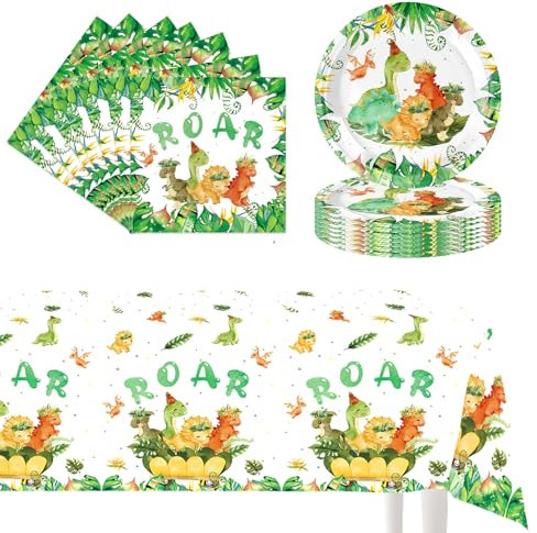 POPOYU 37 Pezzi Stoviglie in Carta per Feste di Dinosauro,20 x Tovaglioli,16 x Piatti Piani di Carta,137x274cm la Tavola per Decorazioni Bambini Dinosauro Compleanno,Kit Festa Compleanno(16 Ospiti)