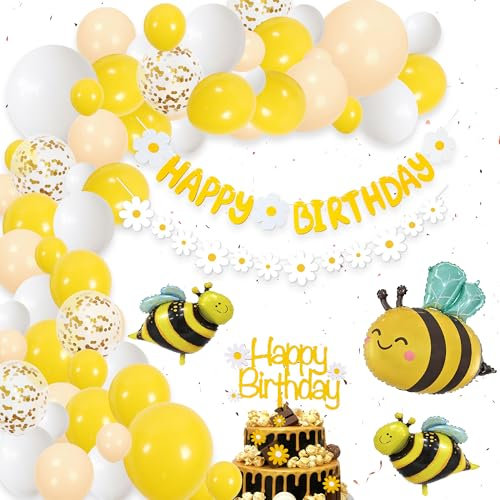 Gänseblümchen Geburtstag Deko Luftballons für Mädchen - Blumen Geburtstagsdeko Happy Birthday Girlande Bienen Ballons, Gelb Weiß Party Dekoration für Babyparty und Kindergeburtstag