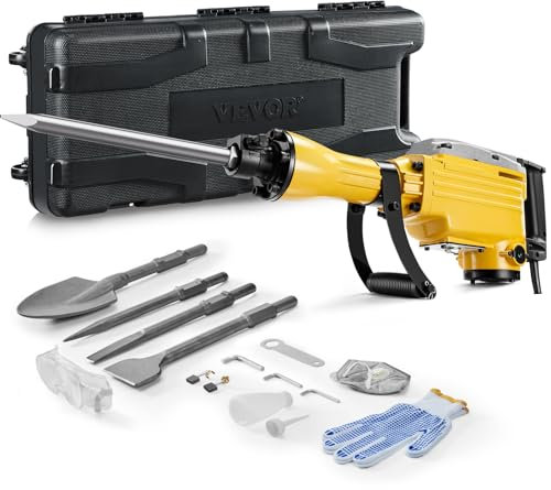 VEVOR - Martillo de demolición, martillo de hormigón de 2200 W 1350 BPM, martillo de gato eléctrico resistente, 4 brocas de cinceles con guantes, mango frontal giratorio de 360° para zanjas y romper