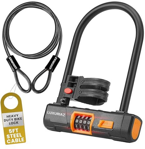 Luxuriaz Heavy Duty Bike Lock with 5ft Steel Cable, 4-Digit Resettable Combination U-Lock, Durable Cable Lock for Secure U Lock Bike Protection