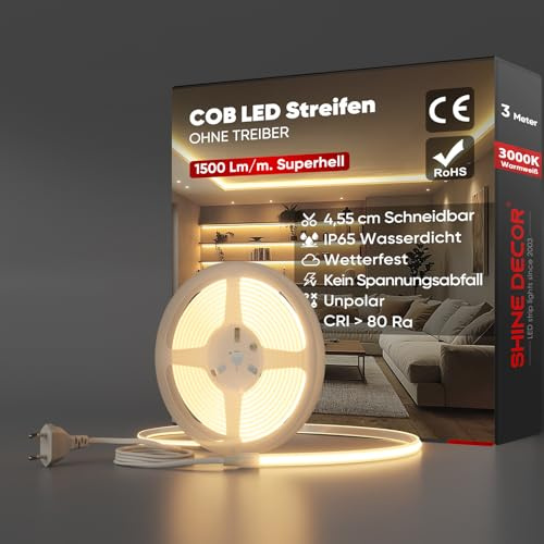 Shine Decor COB LED Streifen 3m, AC 220V 230V IP65 Wasserdicht LED Band, SMD2025 286 leds/m Ultrahohe Helligkeit Lichtleiste für Küche Garten LED Beleuchtung (3 Meter, Warmweiß, CE Zertifiziert)