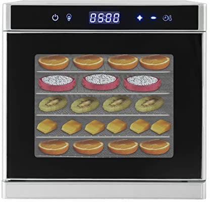 Dörrautomat edelstahl, Lebensmitteldehydrator 700W Food Dehydrator mit Rezepte,inkl. 6 Edelstahl-Dörrtabletts, 24 Std. Zeitschaltuhr, LED-Display (35°-75°C) und 700W, Silber