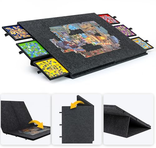 Lavievert 2000 Piece Tilting Puzzle Table with 2-in-1 Jigsaw Stand & Cover, Lightweight Felt Puzzle Storage with 6 Colored Drawers, Portable Jigsaw Board for Adults – Dark Gray