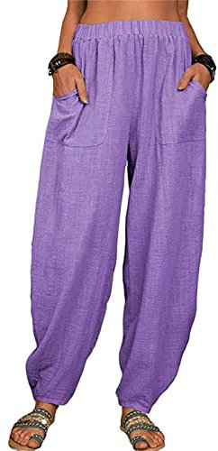 Pantalon Lin Large Femme Coton Grande Taille Fluide Décontracté Pantalon Sarouel Fluide Chic Léger Pantalon Ample d'été pour Femmes Pantalon de Plage avec Poches (Purple, XXXXXL)