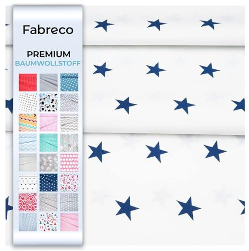 Fabreco - Baumwollstoff Meterware - 220g/lfm | Stoff Meterware mit Muster: Sterne weiß-dunkelblau | Weich, langlebig & hautfreundlich