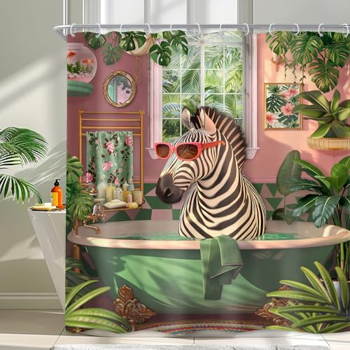 Newsely Rideau de douche drôle zèbre 152,4 x 183 cm (l x L) - Animaux sauvages amusants dans la baignoire - Humoristique - Moderne - Feuilles vertes tropicales - Ensemble de salle de bain d'été