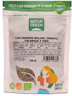 NaturGreen semillas de lino, cáñamo, calabaza y chía Bio 150 g | Fuentes de fibra, proteína y Omega-3 | Sin azúcares añadidos | Sin gluten | Producto orgánico | Perfecto para dietas saludables