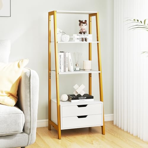 GIANTEX Bücherregal, Leiterregal mit 2 Schubladen & 4 offenen Ablagen, Standregal für Wohnzimmer, Küche, Esszimmer, 52 x 39,5 x 134 cm (Gold + Weiß)