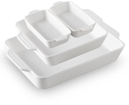 Sweejar Home Ceramic Bakeware Set of 4, Casserole Dishes for Oven, Rectangular Baking Dish with Handles, Lasagna Pans Deep for Cooking, Gratin, Roasting, Banquet and Daily Use(White)