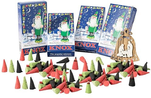 Knox RÄUCHERKERZEN Weihnachts-Mischung – 4er Pack (96 Stück) – FICHTE WEIHRAUCH Sandelholz – Tradition Erzgebirge – mit Holz-Ornament – MaMeMi