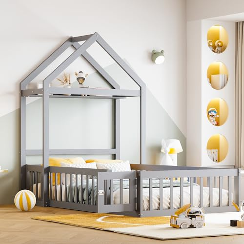 Yihomfy 2 in1 Bodenbet 140x200cm,Kinderbett 140x200cm Kinderbett Bodenbett mit Sicherheitsgitter Lattenrost Montessori Bett Bed Gitterbett Hausbett Holzbett Bettgestell Jugendbett,Ohne Matratze,Grau