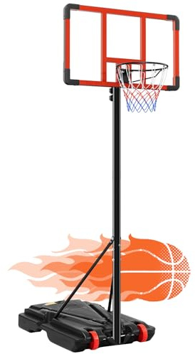 DUMOS 5.08-8.53FT Portable Basketball Hoop Outdoor for Kids, Adjustable Height 44 Inch Shatterproof Backboard w/Shock Absorbent Rim, Fillable Base, 2 Wheels for Swimming Pool/Indoor, Red