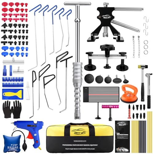 DentWiz Dellen Reparaturset Auto, Ausbeulwerkzeug mit PDR Stangen, LED PDR Lampe Verstellbar, 2-in-1 T-Griff Abzieher, Leichter Beulenheber & Brückenzieher für Hagelschäden und Beulen