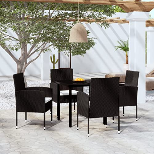 JHQHSM 5-TLG. Garten-Essgruppe Schwarz mit PE-Rattan Stühlen und Glastisch - Robustes Outdoor Esstisch Set für Terrasse und Garten - 4 Stühle und 1 Tisch - Wetterfestes