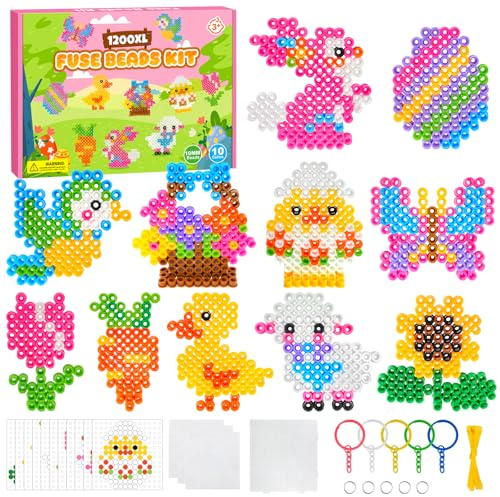 Vexyra Bügelperlen Groß Set 10mm, 1200 Stück XL Steckperlen Ostern 10 Farben mit Steckplatte, 11 Muster 3 Bügelpapier 5 Schlüsselanhänger für Kinder ab 3 Jahren Kreatives Basteln Handwerk Geschenk