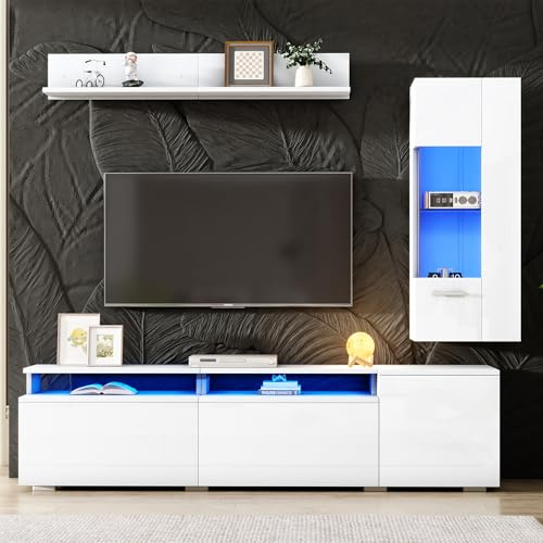 DACHETOU Juego de 3 muebles de salón para TV, 1 armario de TV, 1 vitrina para salón, 1 estante colgante, color blanco