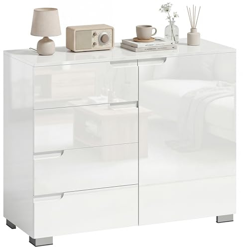 HOMCOM Kommode mit 4 Schubladen Sideboard mit 1 Tür, Verstellbarem Einlegeboden, Hochglanz Aufbewahrungsschrank TV Schrank mit Soft-Close-Funktion für Wohnzimmer, Schlafzimmer 100 x 40 x 80 cm, Weiß