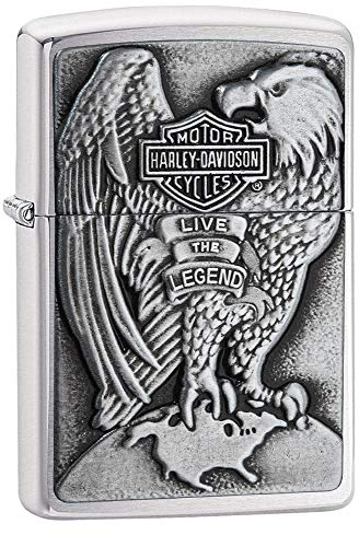Zippo Sturmfeuerzeug - Harley-Davidson Eagle & Globe, Brushed Chrome, Emblem - Nachfüllbar - Wiederverwendbar - Windfestes Design - Geschenkbox - Made in USA