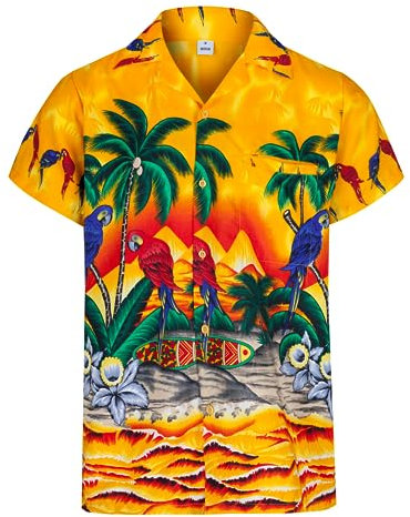 Hawaiian Shirts for Men Short Sleeve Button Down Shirt - Parrot and Palm Tree Beach Tropical Shirt - Summer Fancy Dress (Medium, Yellow)
