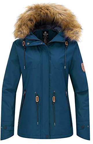 Wantdo Femme Veste de Ski Outdoor Manteau d'hiver Chaud avec Capuche Amovible Veste Imperméable Coupe-Vent Veste Randonnée pour Voyage Bleu S