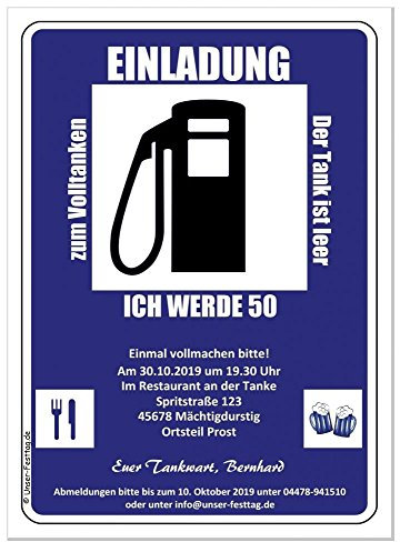 Einladungskarten volltanken zum Geburtstag Erwachsene, Mann Frau - für JEDES Alter Wunschalter - 80 Stück, Größe 17 x 12 cm