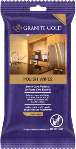 Granite Gold Polish Wipes Streak-Free Shine for Granite, Quartz, Marble, Travertine, Natural Stone Countertops, 18 Count, 1-Pack