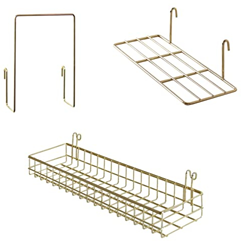 FRIADE Goldener Gitterkorb mit Haken, Bücherregal, Ausstellungsregal für Wandgitter, Wandhalterung, Organizer und Aufbewahrungsregal für Heimbedarf, 1 Set von 3 (Gold)