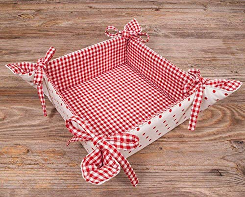 Brotkorb Stoff LISE 20x20 cm - Eckiger Brötchenkorb in rot kariert mit Punkten - Nachhaltig aus 100% Baumwolle, waschbar bei 30°, Landhausstil für Brot, Brötchen, Gebäck oder Tischdekoration