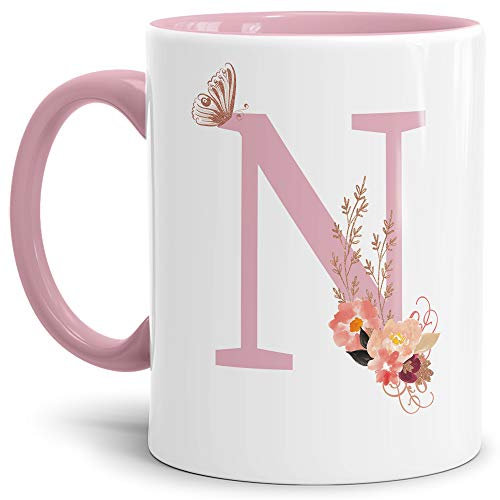 Tassendruck Buchstaben-Tasse mit Blumen - Buchstabe N - Innen & Henkel Rosa - Mug/Cup/Becher/Edel/Geschenk-Idee/Beste Qualität - 25 Jahre Erfahrung