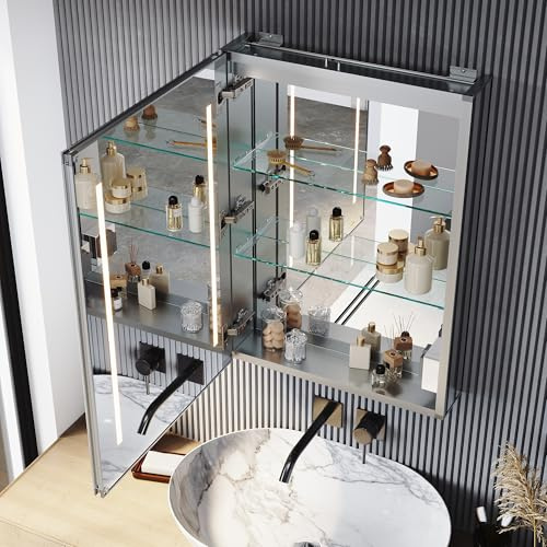 SONNI Spiegelschrank beschlagfrei mit Touch und Steckdose Spiegelschrank Bad 50 × 70cm LED Spiegelschrank mit Beleuchtung Aluminium