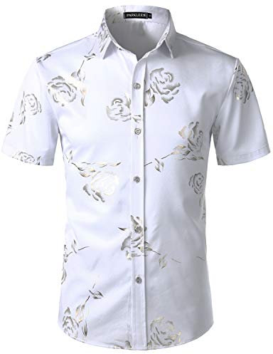 PARKLEES Mens Hipster Gold Rose Printed Slim Fit Short Sleeve Button Down Dress Shirts White Gold XL