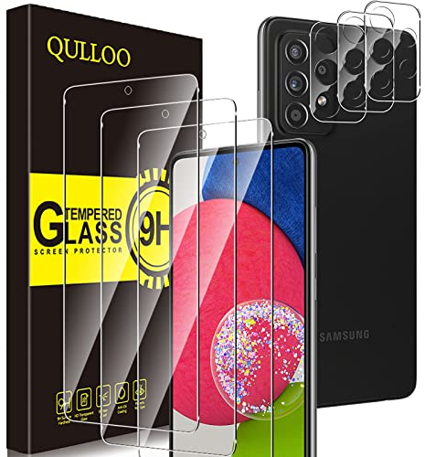 QULLOO Schutzfolie für Samsung Galaxy A52s 5G / A52 4G / A52 5G, 3 Stück Displayschutzfolie mit 3 Stück Kameraschutz [9H Härte Gehärtetes Glas ][HD Klar Schutzglas][Anti-Kratzen Folie]