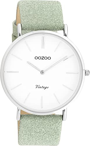 Oozoo Vintage Armbanduhr mit Glitzer Lederband 40 MM Silberfarben/Weiß/Hellgrün C20146
