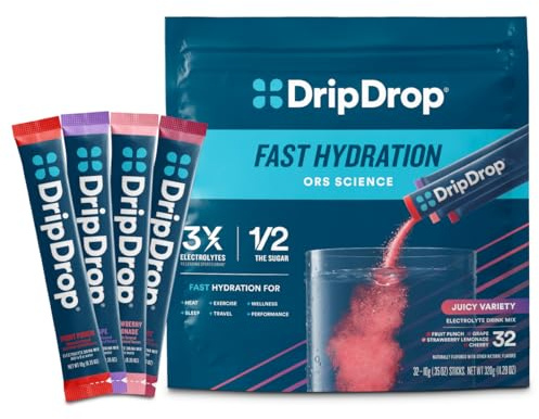 DripDrop Hydration Packets - Juicy Variety Pack - Single Serve Electrolytes Powder Drink Mix - Grape, Fruit Punch, Strawberry Lemonade, Cherry - Non-GMO, Gluten Free, Vegan - 32 Sticks