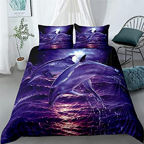 ZHOUJIELUN Housse de Couette 200X200 cm Dauphin Violet Parure de Lit 2 Personnes Doux Respirant Microfibre Housse de Couette avec Fermeture Éclair + 2 Taie d'oreiller 65x65 cm
