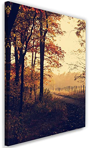 Feeby Vlies Leinwandbild Natur Bäume Wald Pflanzen 40x60 cm Wanddeko Design Kunstdruck Zimmerdeko Bilderwand Herbst Sonnenuntergang Waldweg Beige