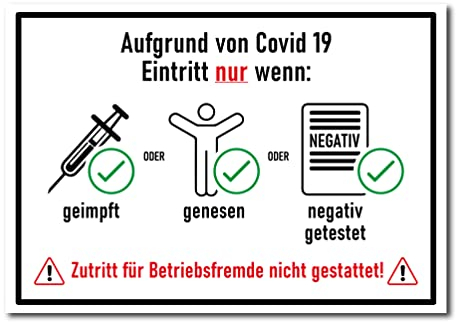 tradercat Aufkleber 3G geimpft getestet genesen Corona Warnaufkleber / Hinweisaufkleber für Innen und Aussen mit UV-Schutz-, Covid 19 Hinweis-Schild Betrieb (DIN A3)