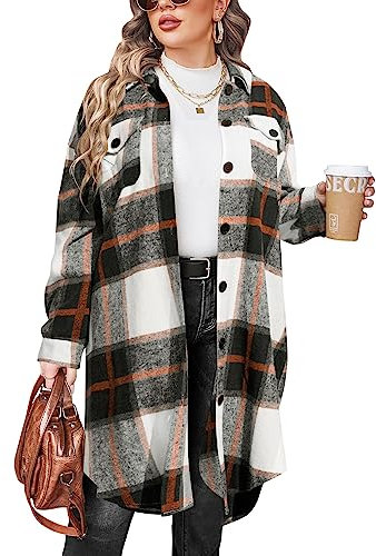 IN'VOLAND Womens Plus Size Flannel Plaid Shirts Long Sleeve Lounge Lapel Boyfriend Button Down Tartan Long Jacket Coats