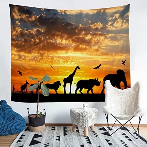 Tapisserie Wandteppich Wandtuch Afrika & Tiere & Sonnenuntergang Wandbehang Home Decor Wandteppiche Wandkunst für Zimmer 150 x 200cm