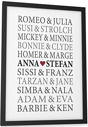 Papierschmiede® Paar Poster Personalisiert mit Namen, DIN A4 (21x30 cm) Rahmen wählbar, Hochzeitsgeschenk gerahmt, Namen, Geschenk Bild zum Jahrestag Wandbild zur Hochzeit „Romeo & Julia“