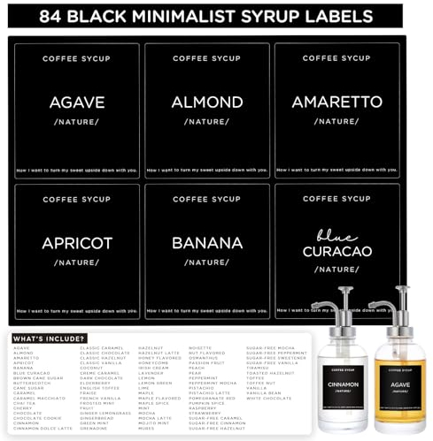 Joyfulmap Kaffeesirup-Etiketten, 6 x 6,5 cm, minimalistisches Etikett für Kaffeebar-Zubehör, wasserdichtes Vinyl, unverzichtbar für Sirupglas/Plastikflasche & Spenderorganisation (schwarz), 84 Stück
