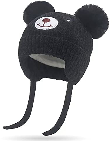 KEELYY Baby Mütze Beanie Strickmütze Herbst Wintermütze Süßer Bär Hut mit Earflap und Bindebändern Warm Hat für Jungen Mädchen