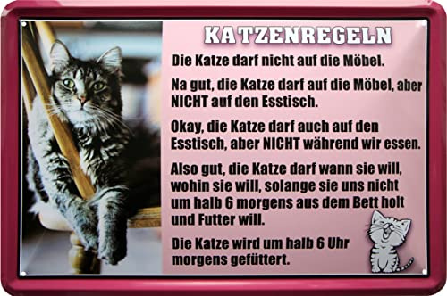 WOGEKA ART Retro Blechschilder - KATZENREGELN - Lustiger Spruch als Geschenk-Idee für alle Katzen-Freunde zu Geburtstag Weihnachten zur Deko 20x30 cm Vintage Metall-Schild 1018