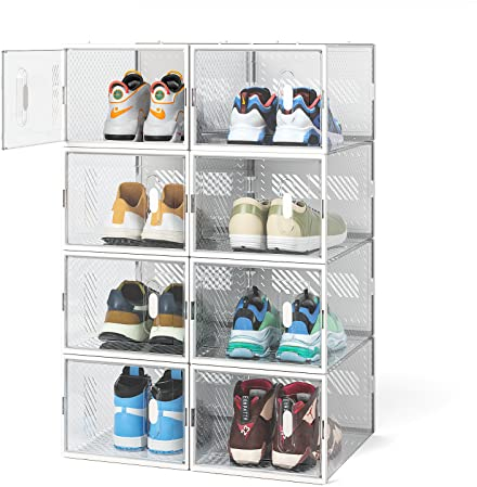 FUNLAX Shoe Boxes, 8 Pack Shoe Storage Box Clear Plastic Stackable, Shoe Storage Organisers with Magnetic Door, Fit up to UK Size 12