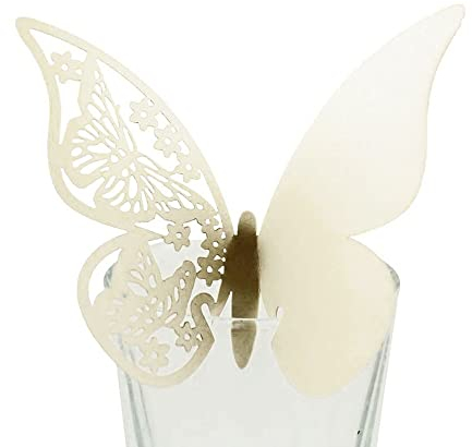 100 Stück Schmetterling Trichterwinde Tischkarten Namenskarten Glasanhänger Wandsticker für Tischdeko Hochzeit Party Haus Deco,Schmetterling Tischkarten Laser Platzkarten Namenskarten,Creme