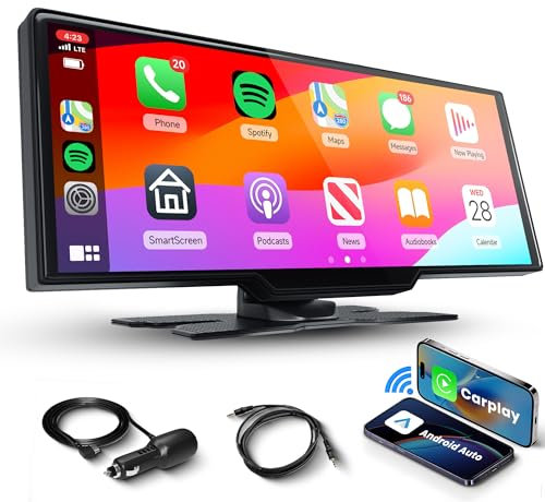 Rimoody 10.26 Inches Wireless CarPlay Android Auto Screen Portable Car Stereo, Touchscreen Portable CarPlay Screen Car Radio with Siri Bluetooth FM transmit Voice Control CarPlay Screen 9V-36V