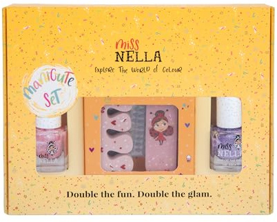 Miss Nella Glitter MANICUTE – Nagelset für Kinder + 2 Miss Nella Abziehlacke, Nagelaufkleber, Tattoos, Nagelfeile und Zehentrenner – konzipiert für Kinderhände und -zehen
