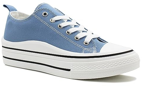 Womens Lace Up Platform Sole Canvas Baseball Sneakers Ladies Chunky Retro Flat Low Top Fashion Trainers Pumps (Blue, UK Footwear Size System, Adult, Women, Numeric, Medium, 4)