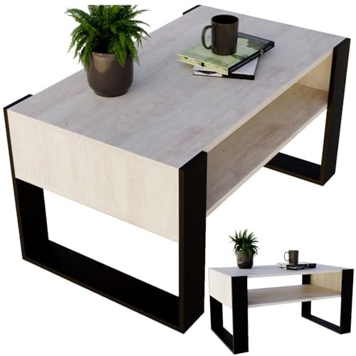 CraftPAK Wohnzimmer Tisch für Couch aus hochwertigem Holzwerkstoff, moderner Couchtisch mit zusätzlicher Ablagefläche, Sofatisch für Wohnzimmer, Farbe Kiefer-Schwarz