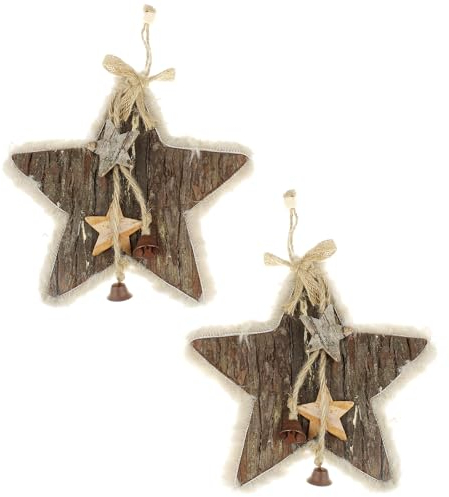 MACOSA GR248-8003_x2 Weihnachtsdeko Stern 2er Set Holz mit Fell 16 cm Naturstern zum hängen Holzstern Dekostern Holz-Dekoration Weihnachten Fenster Tisch-Deko modern